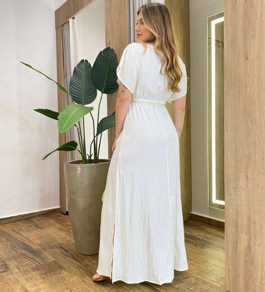 Vestido Longo Bia sem Bojo com Decote V e Amarração Off White - Fernanda Ramos Store