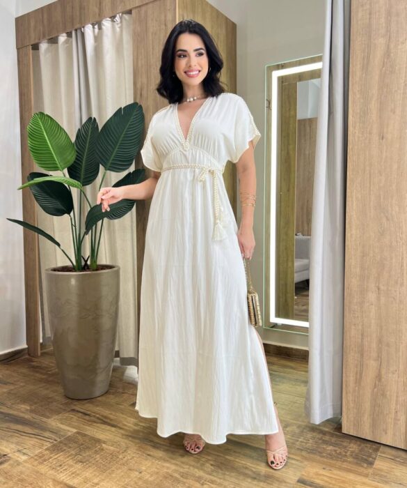 Vestido Longo Bia sem Bojo com Decote V e Amarração Off White - Fernanda Ramos Store