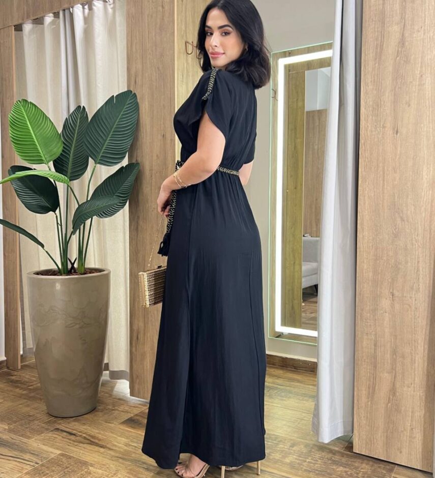 Vestido Longo Bia sem Bojo com Decote V e Amarração Preto - Fernanda Ramos Store
