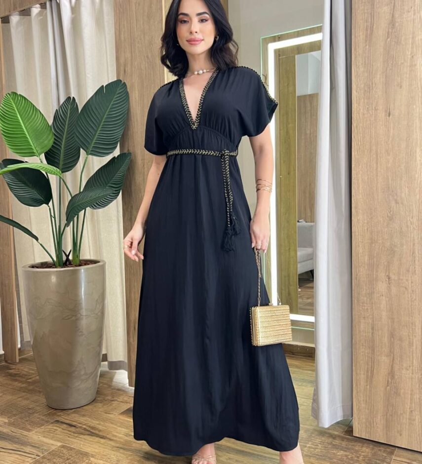 Vestido Longo Bia sem Bojo com Decote V e Amarração Preto - Fernanda Ramos Store