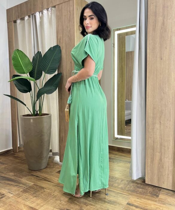 Vestido Longo Bia sem Bojo com Decote V e Amarração Verde - Fernanda Ramos Store