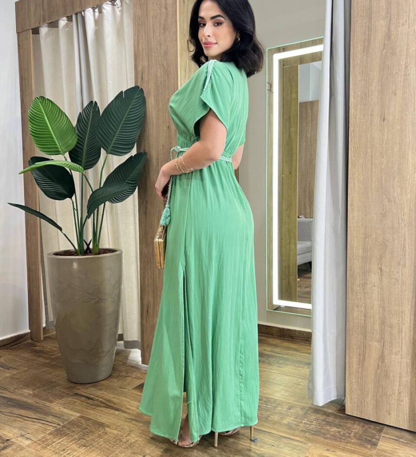 Vestido Longo Bia sem Bojo com Decote V e Amarração Verde - Fernanda Ramos Store
