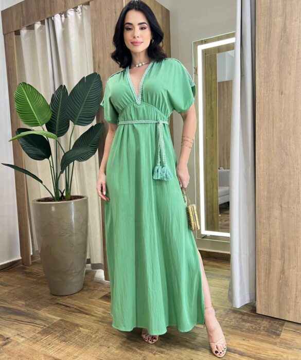 Vestido Longo Bia sem Bojo com Decote V e Amarração Verde - Fernanda Ramos Store