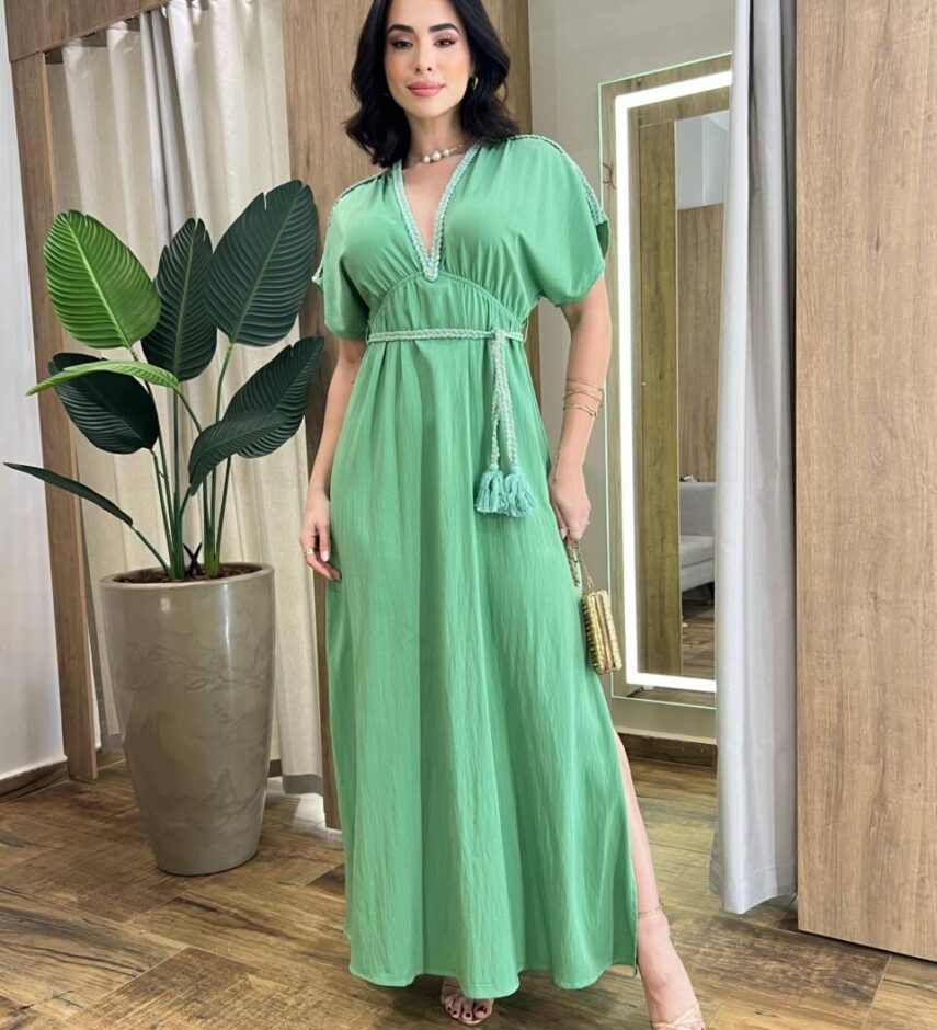 Vestido Longo Bia sem Bojo com Decote V e Amarração Verde - Fernanda Ramos Store