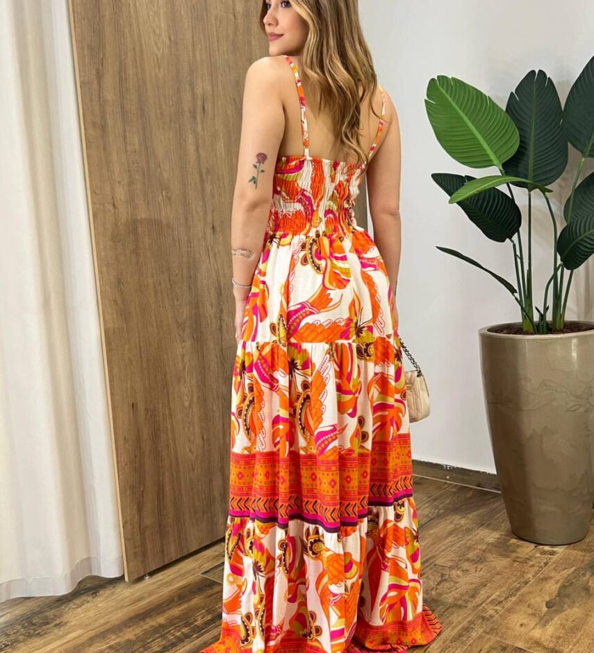 Vestido Longo com Bojo Helena Estampado Laranja - Fernanda Ramos Store