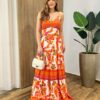 Vestido Longo com Bojo Helena Estampado Laranja - Fernanda Ramos Store