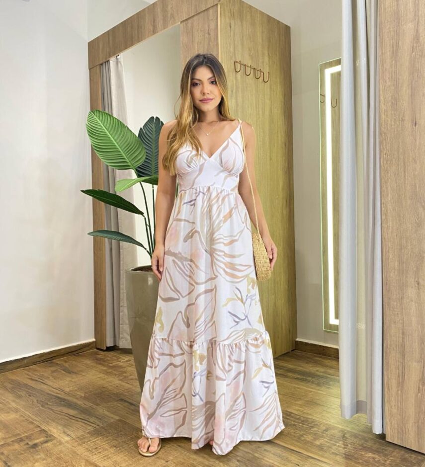 Vestido Longo Helena sem Bojo com Amarração Atrás Estampado - Fernanda Ramos Store