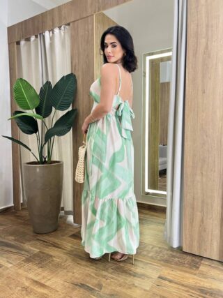 Vestido Longo Helena sem Bojo com Amarração Atrás Estampado de Verde - Fernanda Ramos Store