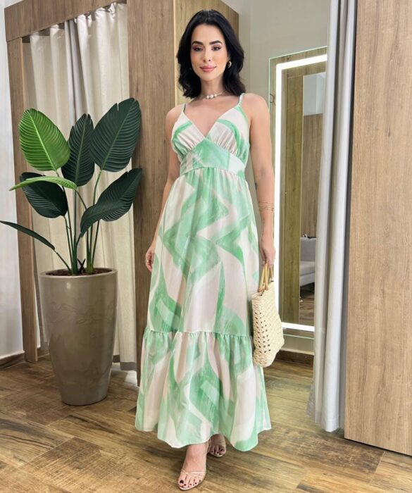 Vestido Longo Helena sem Bojo com Amarração Atrás Estampado de Verde - Fernanda Ramos Store