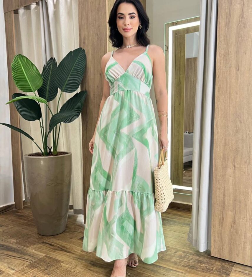 Vestido Longo Helena sem Bojo com Amarração Atrás Estampado de Verde - Fernanda Ramos Store