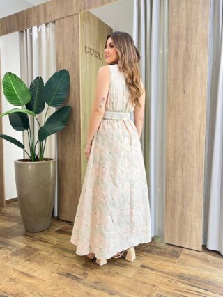 Vestido Longo Mari sem Bojo Bege com Cinto e Bordado Floral Rosa - Fernanda Ramos Store