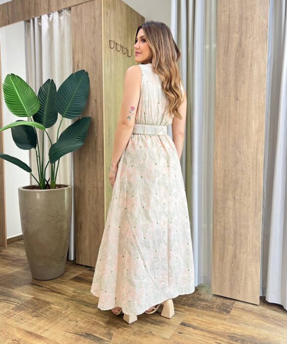 Vestido Longo Mari sem Bojo Bege com Cinto e Bordado Floral Rosa - Fernanda Ramos Store