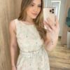 Vestido Longo Mari sem Bojo Bege com Cinto e Bordado Floral - Fernanda Ramos Store