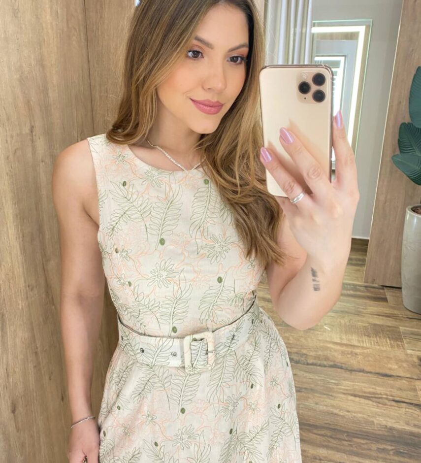 Vestido Longo Mari sem Bojo Bege com Cinto e Bordado Floral - Fernanda Ramos Store