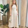 Vestido Longo Mari sem Bojo Bege com Cinto e Bordado Floral - Fernanda Ramos Store