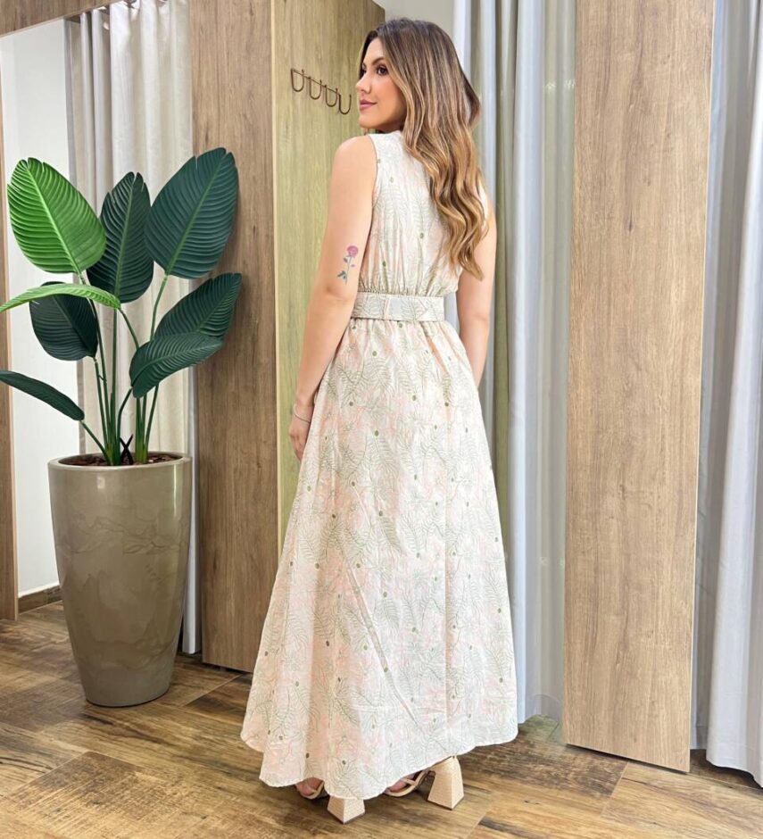 Vestido Longo Mari sem Bojo Bege com Cinto e Bordado Floral - Fernanda Ramos Store