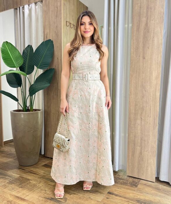 Vestido Longo Mari sem Bojo Bege com Cinto e Bordado Floral - Fernanda Ramos Store