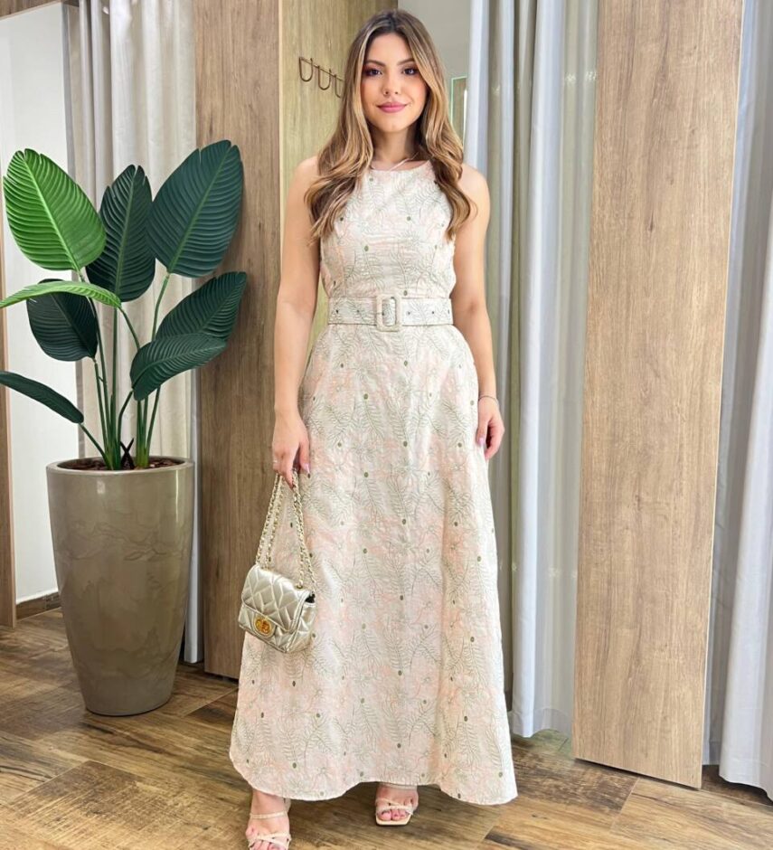 Vestido Longo Mari sem Bojo Bege com Cinto e Bordado Floral - Fernanda Ramos Store