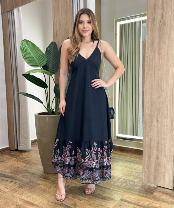 Vestido Midi Ana sem Bojo Alça Regulável com Lastex Preto Estampado - Fernanda Ramos Store