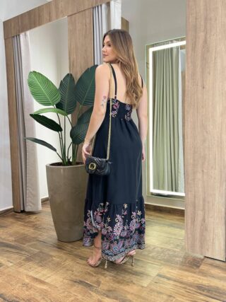 Vestido Midi Ana sem Bojo Alça Regulável com Lastex Preto Estampado - Fernanda Ramos Store