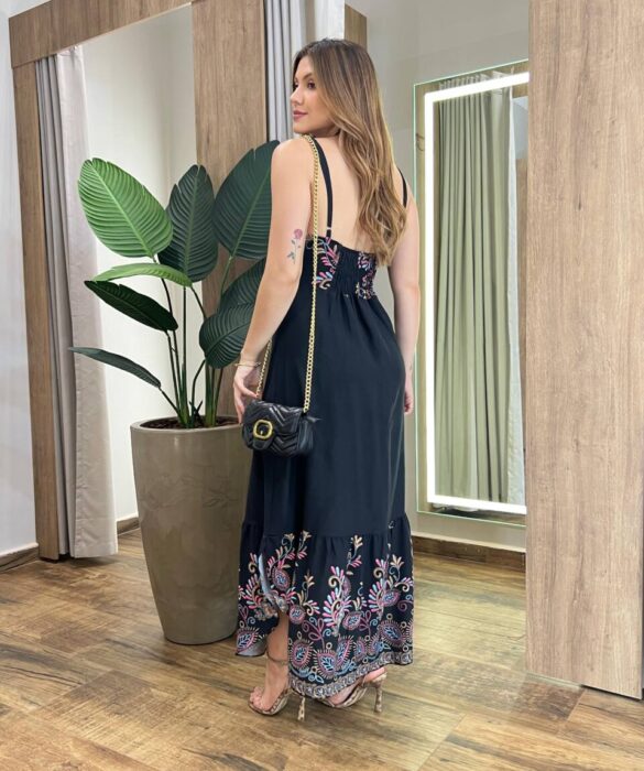 Vestido Midi Ana sem Bojo Alça Regulável com Lastex Preto Estampado - Fernanda Ramos Store