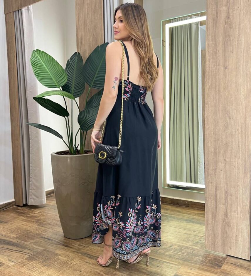 Vestido Midi Ana sem Bojo Alça Regulável com Lastex Preto Estampado - Fernanda Ramos Store