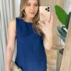 Vestido Midi Ana sem Bojo com Fenda Lateral e Bolsos Azul Marinho - Fernanda Ramos Store