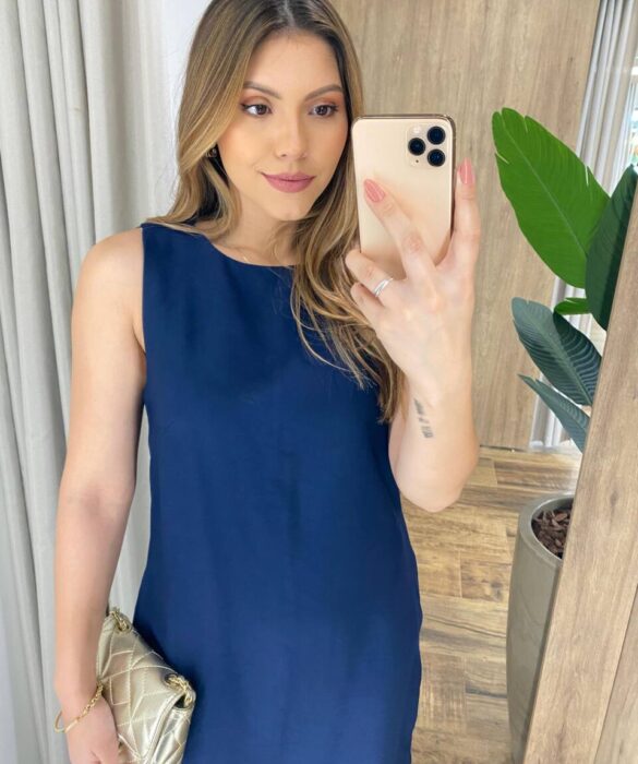 Vestido Midi Ana sem Bojo com Fenda Lateral e Bolsos Azul Marinho - Fernanda Ramos Store