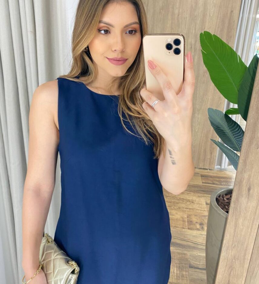 Vestido Midi Ana sem Bojo com Fenda Lateral e Bolsos Azul Marinho - Fernanda Ramos Store