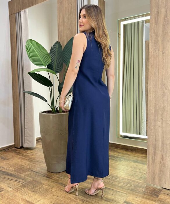 Vestido Midi Ana sem Bojo com Fenda Lateral e Bolsos Azul Marinho - Fernanda Ramos Store