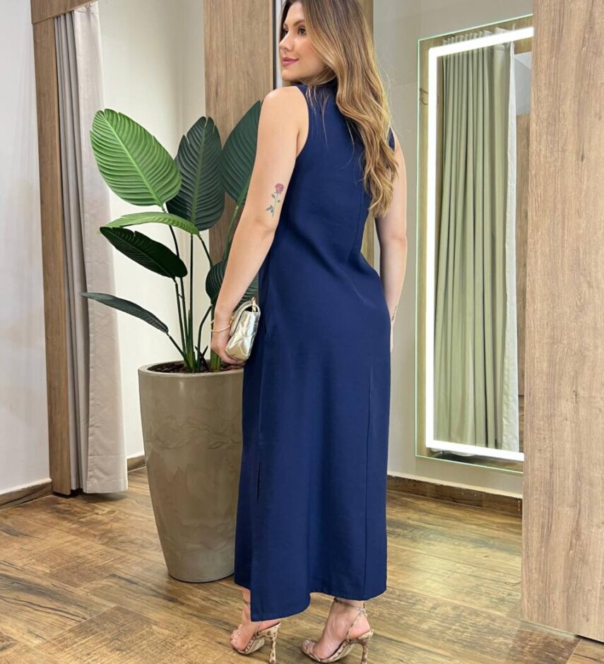 Vestido Midi Ana sem Bojo com Fenda Lateral e Bolsos Azul Marinho - Fernanda Ramos Store