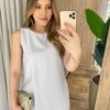 Vestido Midi Ana sem Bojo com Fenda Lateral e Bolsos Cinza - Fernanda Ramos Store