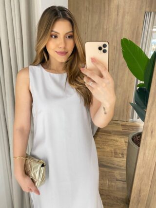 Vestido Midi Ana sem Bojo com Fenda Lateral e Bolsos Cinza - Fernanda Ramos Store