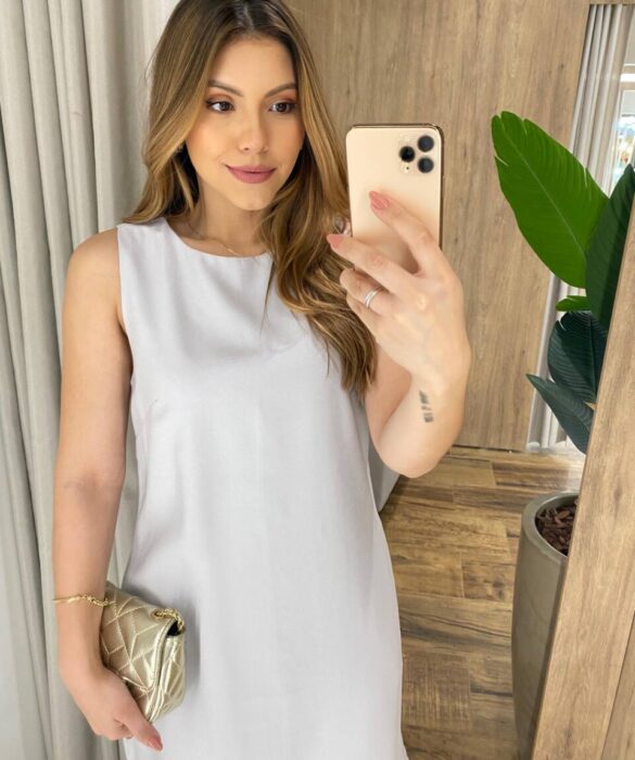 Vestido Midi Ana sem Bojo com Fenda Lateral e Bolsos Cinza - Fernanda Ramos Store