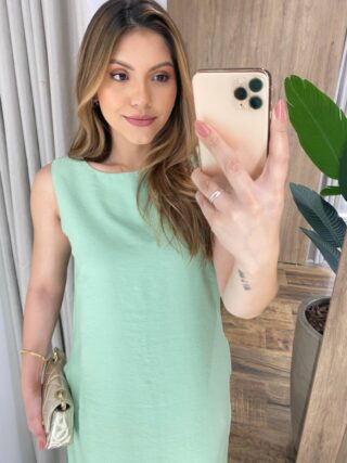 Vestido Midi Ana sem Bojo com Fenda Lateral e Bolsos Verde Claro - Fernanda Ramos Store