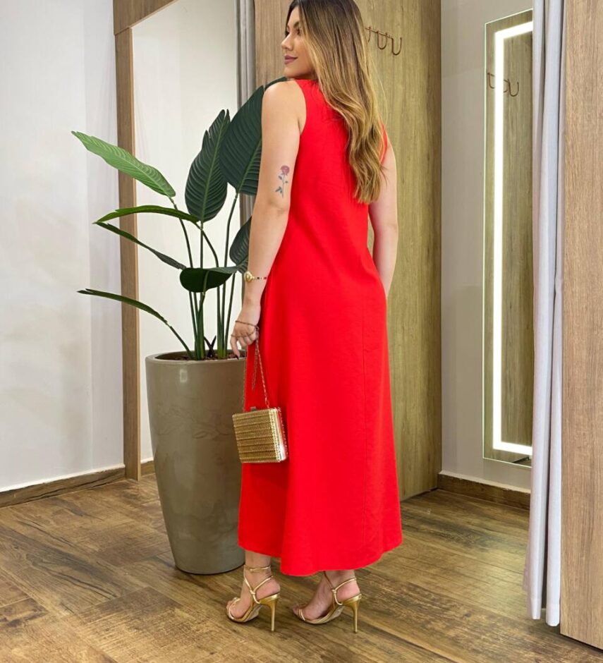 Vestido Midi Ana sem Bojo com Fenda Lateral e Bolsos Vermelho - Fernanda Ramos Store