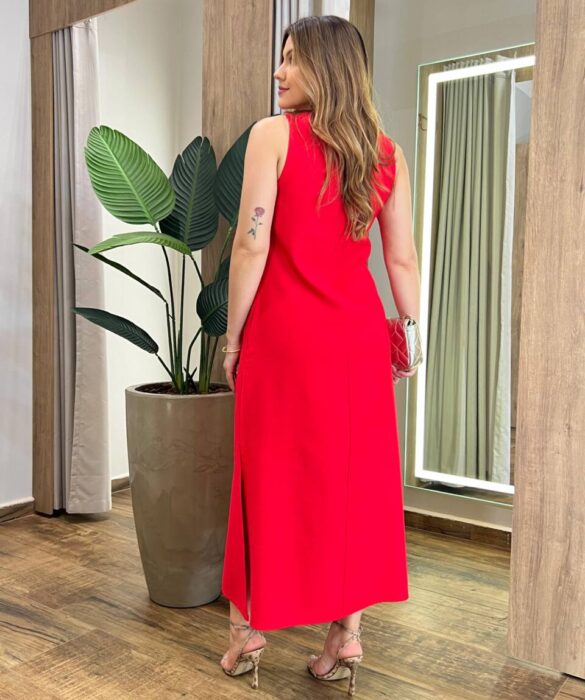 Vestido Midi Ana sem Bojo com Fenda Lateral e Bolsos Vermelho - Fernanda Ramos Store