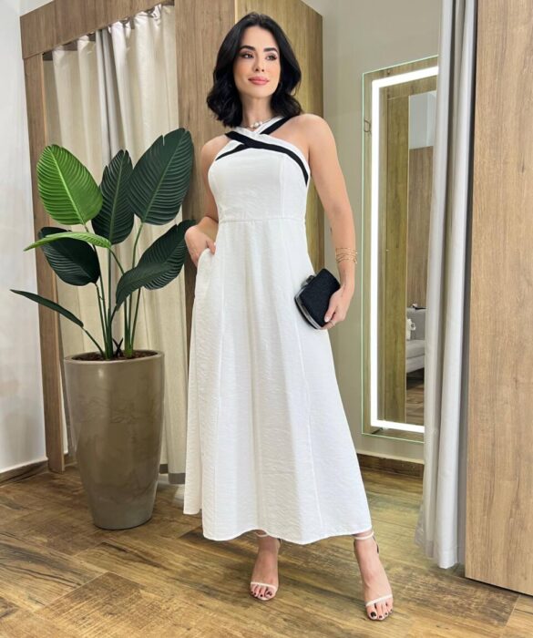 Vestido Midi Ayla sem Bojo Branco com Bolsos e Zíper Atrás - Fernanda Ramos Store