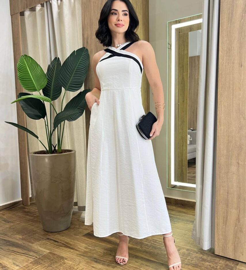Vestido Midi Ayla sem Bojo Branco com Bolsos e Zíper Atrás - Fernanda Ramos Store