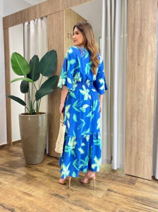 Vestido Midi Beatriz Viscolinho sem Bojo Manga 3/4 Azul Estampado - Fernanda Ramos Store