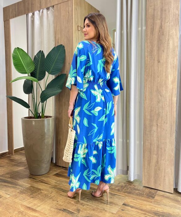 Vestido Midi Beatriz Viscolinho sem Bojo Manga 3/4 Azul Estampado - Fernanda Ramos Store