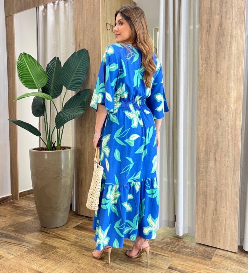 Vestido Midi Beatriz Viscolinho sem Bojo Manga 3/4 Azul Estampado - Fernanda Ramos Store