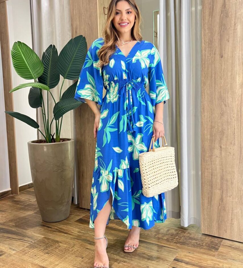 Vestido Midi Beatriz Viscolinho sem Bojo Manga 3/4 Azul Estampado - Fernanda Ramos Store