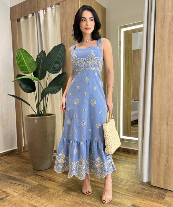 Vestido Midi Bia de Laise sem Bojo com Lastex Azul - Fernanda Ramos Store