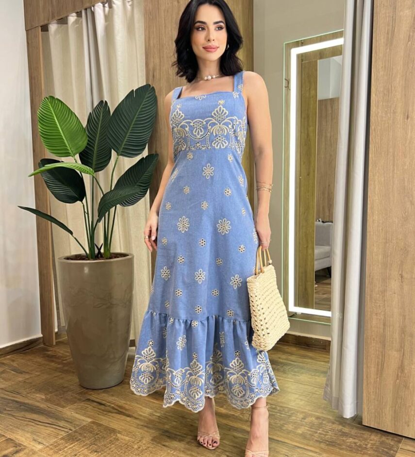 Vestido Midi Bia de Laise sem Bojo com Lastex Azul - Fernanda Ramos Store