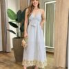 Vestido Midi Bordado sem Bojo com Lastex e Detalhe em Guipir Cinza - Fernanda Ramos Store