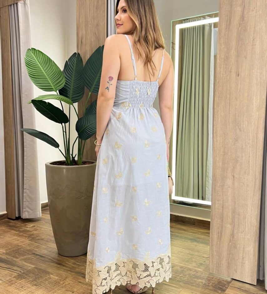 Vestido Midi Bordado sem Bojo com Lastex e Detalhe em Guipir Cinza - Fernanda Ramos Store