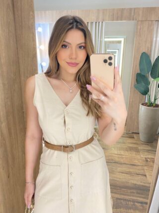 Vestido Midi Catarina sem Bojo com Botões e Cinto Bege - Fernanda Ramos Store