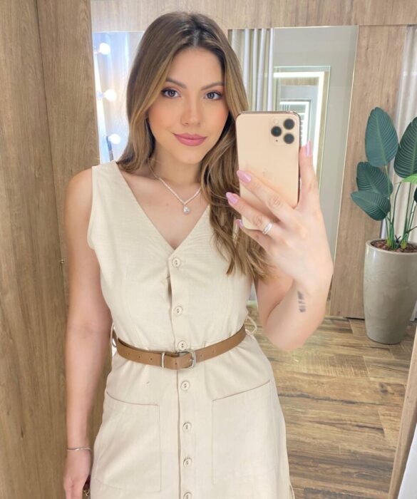 Vestido Midi Catarina sem Bojo com Botões e Cinto Bege - Fernanda Ramos Store