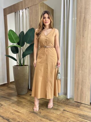 Vestido Midi Catarina sem Bojo com Botões e Cinto Caramelo - Fernanda Ramos Store